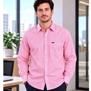 Faconnable Mens XL red  White Gingham Cotton Long Sleeve Button Down Shirt